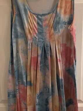 Tie-Dye Pleated Midi Dress in Blue, Pink & Yellow